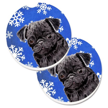 Carolines Treasures Pug Winter Snowflakes Holiday  Cup Holder Car Coaster, PK2 SC9366CARC